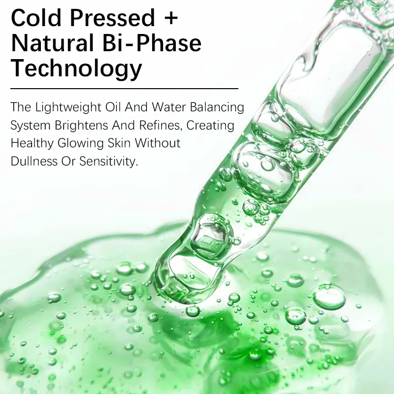 A pipette with green liquid and bubbles, alongside text highlighting Cold Pressed + Natural Bi-Phase Technology and its benefits for skin.